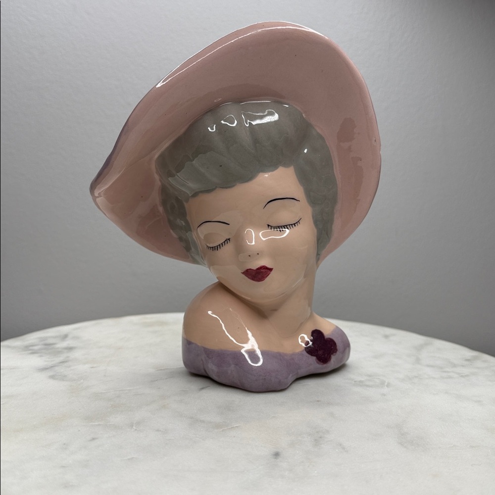 Vintage Lady Head Vase with Purple & Pink Hat EJB 55